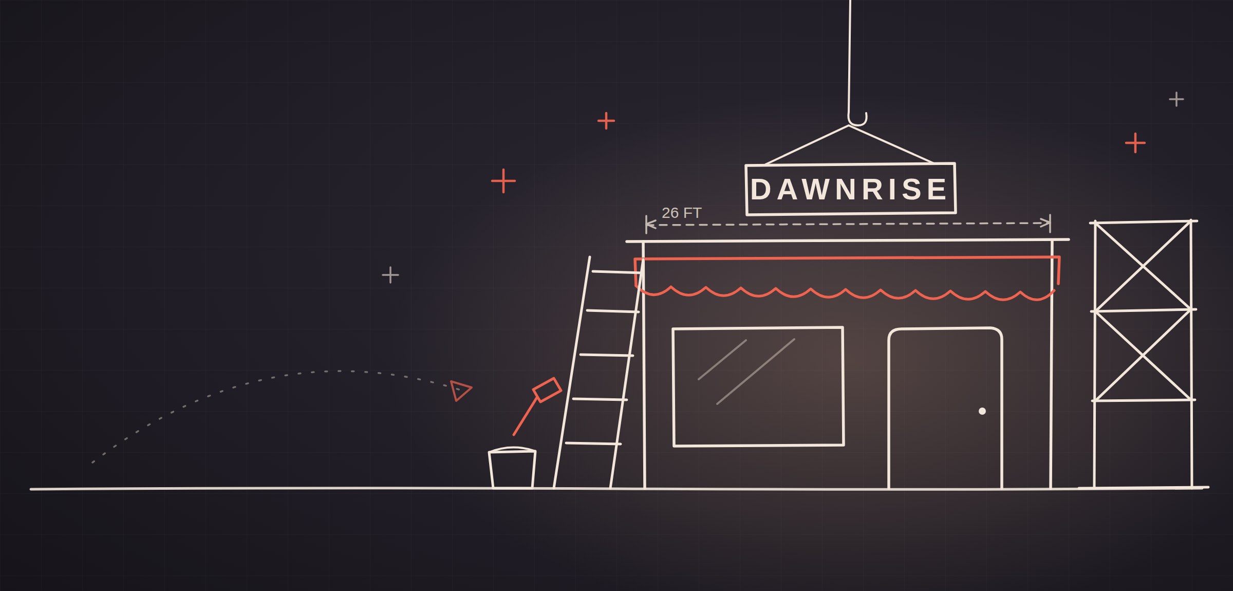Illustration of a storefront being built — turnkey retail buildout by DawnRise, Los Angeles
